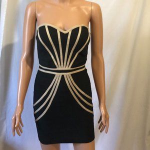 Wow Couture Size Small Black Strapless BodyCon Cocktail Dress with Beige Trim